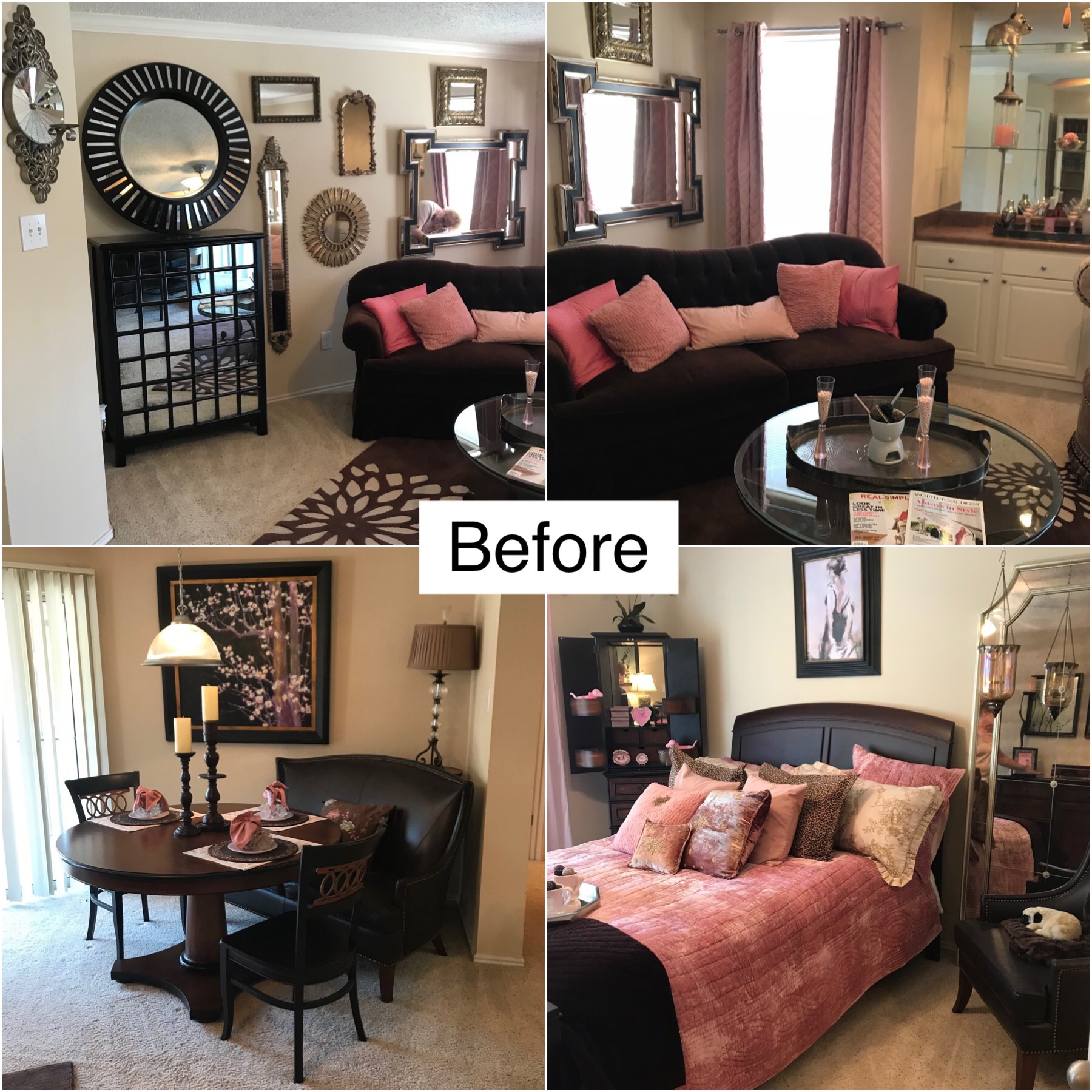 Before and after image of a bedroom and living room in black and pink tones