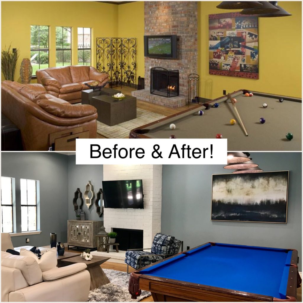 Before and after of a living room and game space