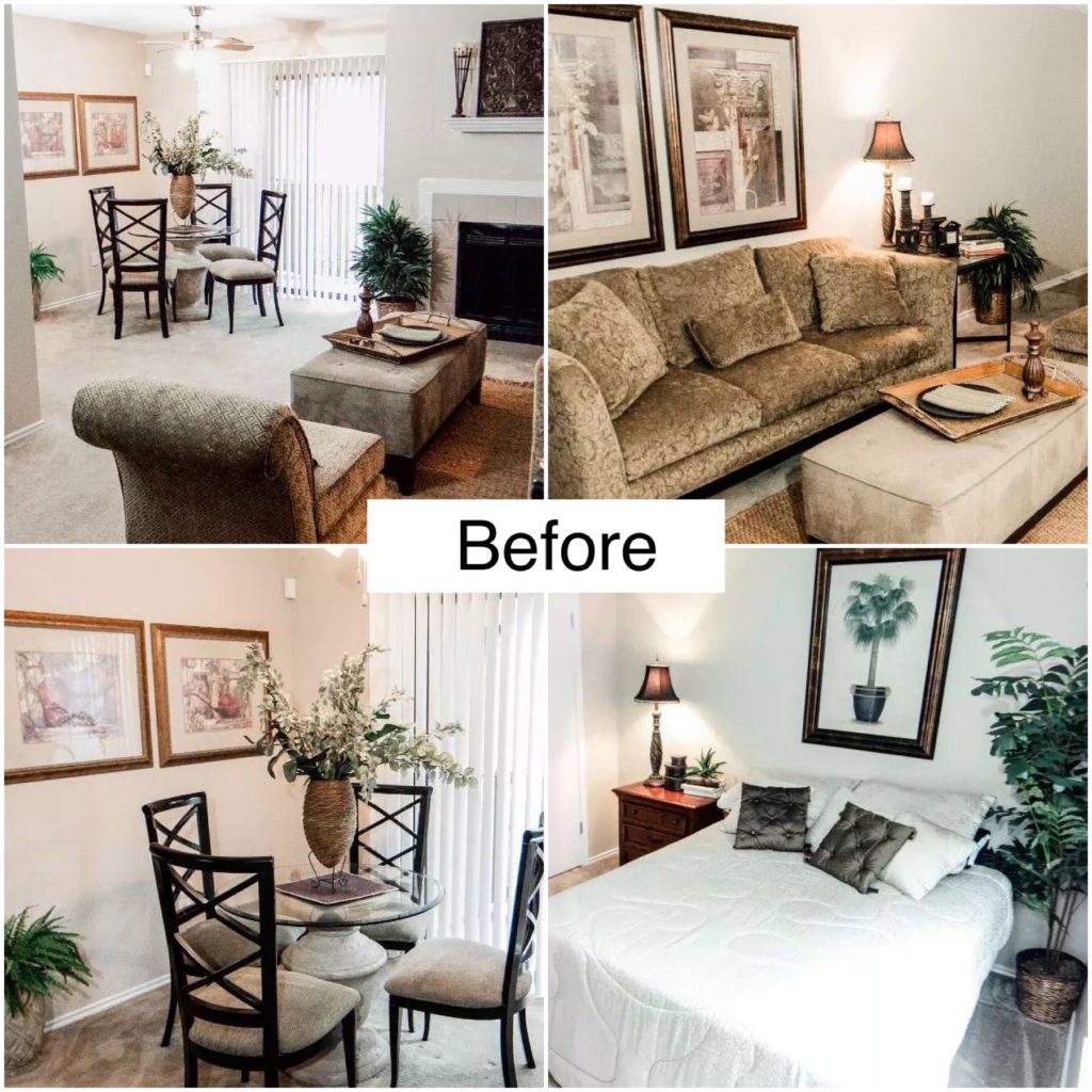 Collage of before photos showing a living room and dining area