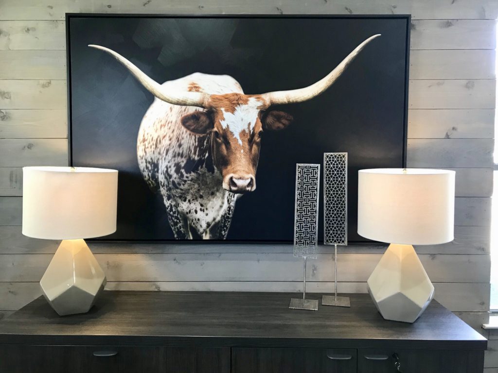 Longhorn artwork above desk