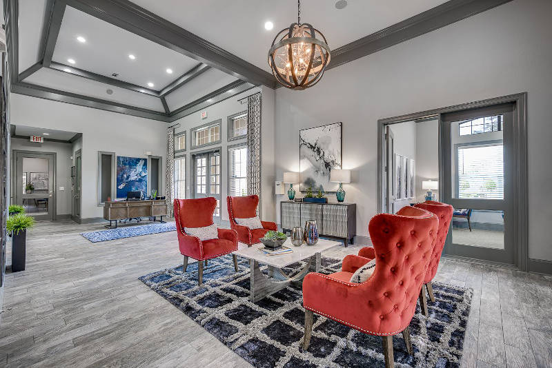 office lobby interior with red sofa design