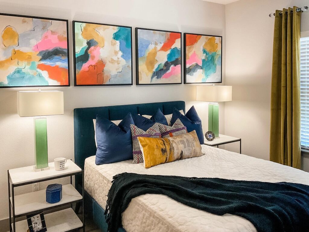 bedroom interior with art wall