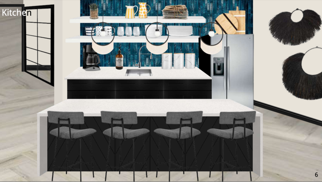Kitchen design concept showing new floating shelves, new countertops, gray barstools and sapphire blue tile for the backsplash