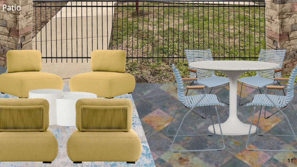 Outdoor Patio design concept with large yellow chairs, chairs & tables