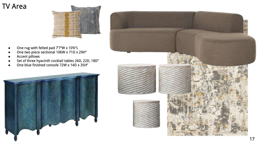TV seating area design concepts with new sectional sofa, pillows, rug and blue console