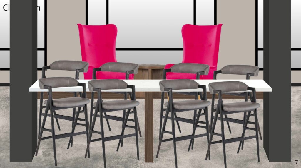Design Concepts for Eastside Heights - Pink Chairs & barstools in game area