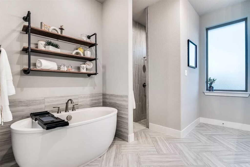 Master bathroom staged with accessories