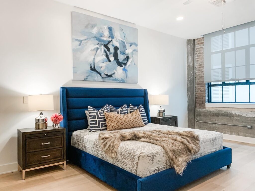 Custom Luxe ModelEasy with blue velvet upholstered bed