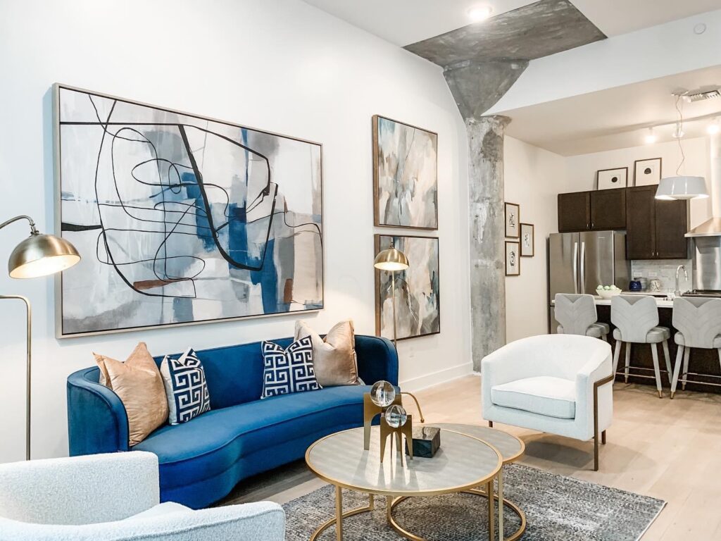 Custom ModelEasy with rich blue velvet sofa and luxury furnishings