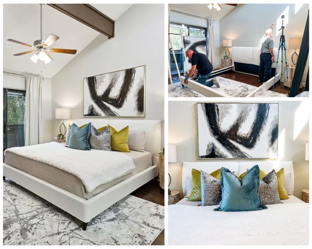 Home Staging in North Dallas - Bedroom with contemporary furnishings and bold artwork