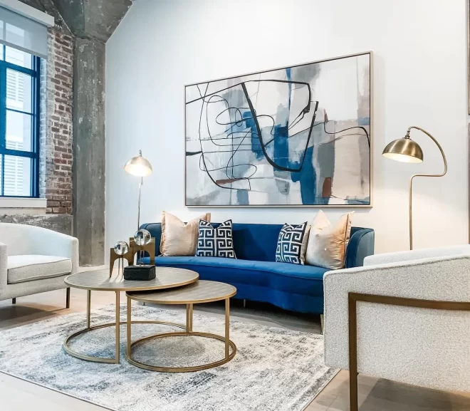 Custom ModelEasy with rich blue velvet sofa and luxury furnishings