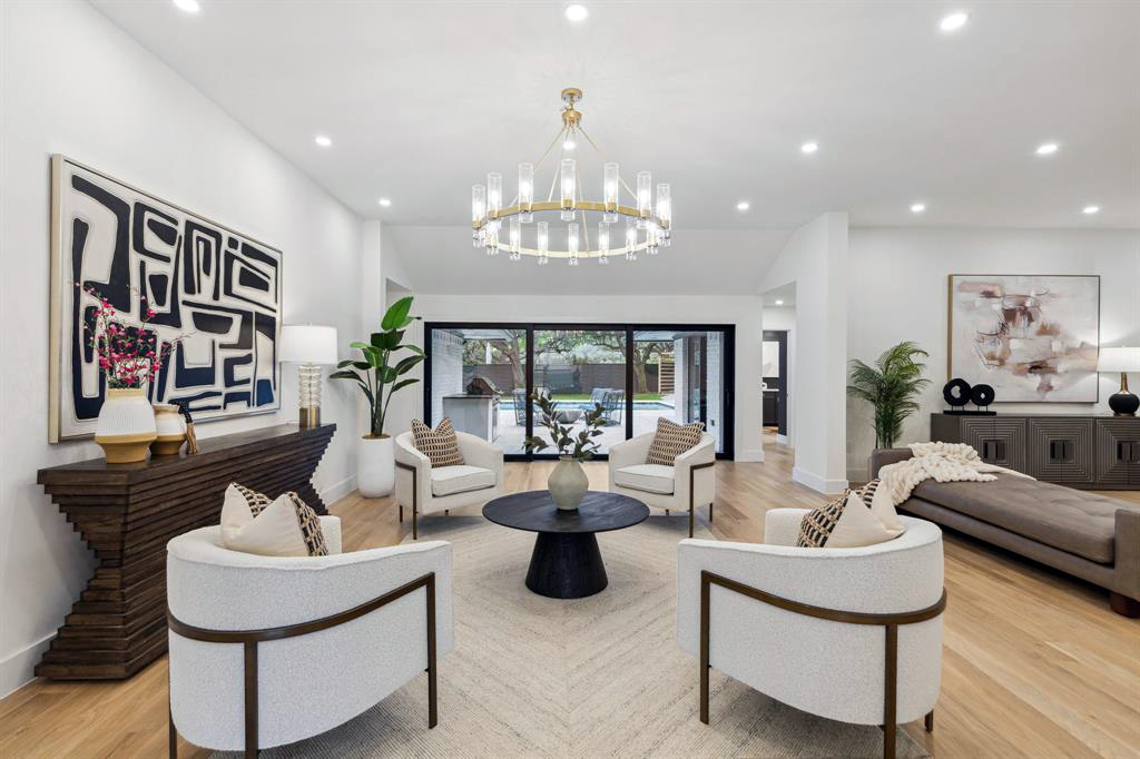 Luxury home staging with seating area looking out to pool