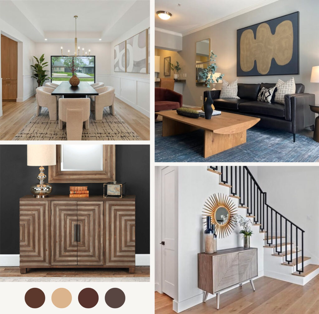 Mid-tone woods design trend brings warmth to stagings.