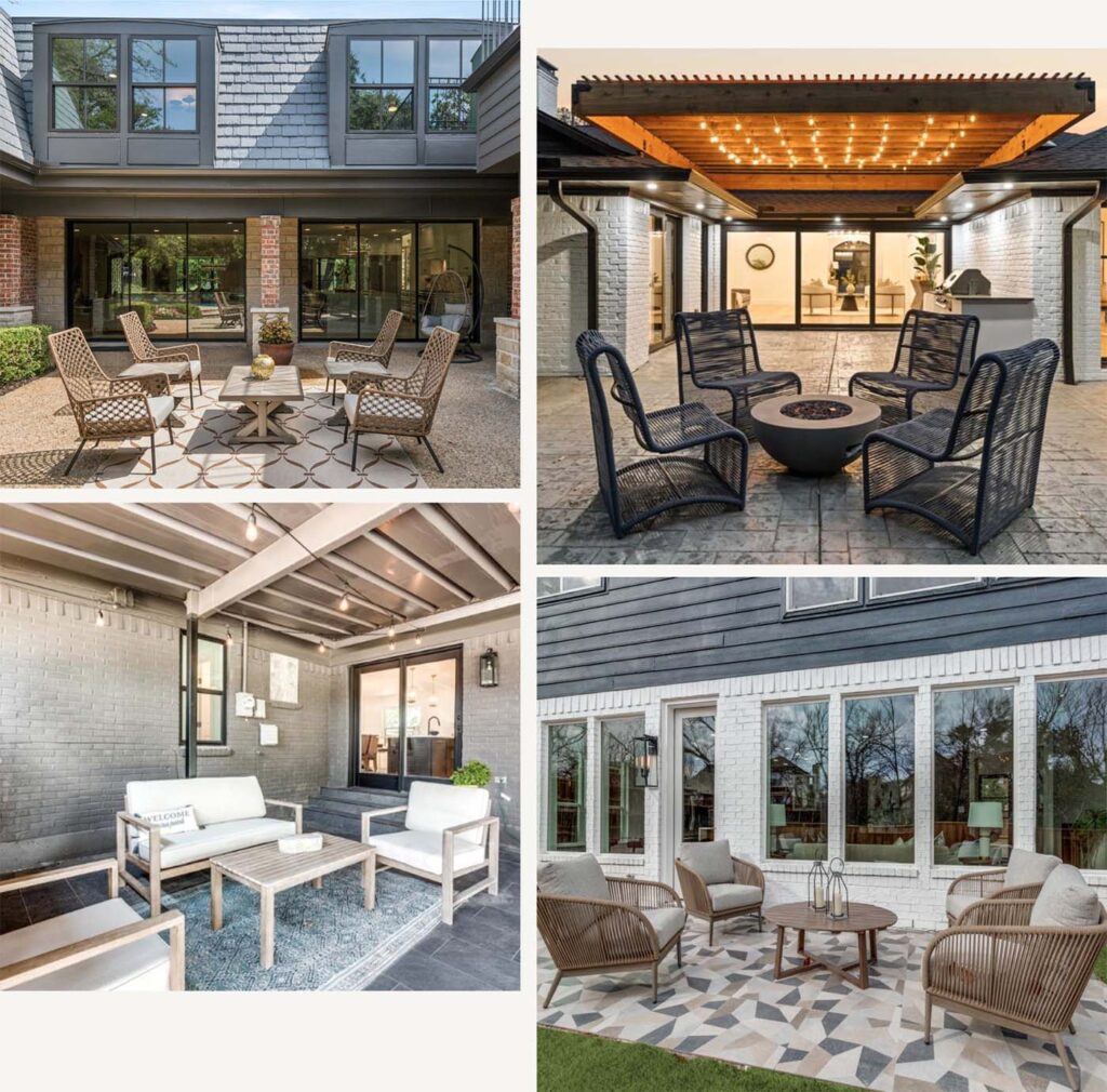 Outdoor living spaces staged with chairs, firepits and cozy cushioned sofas.