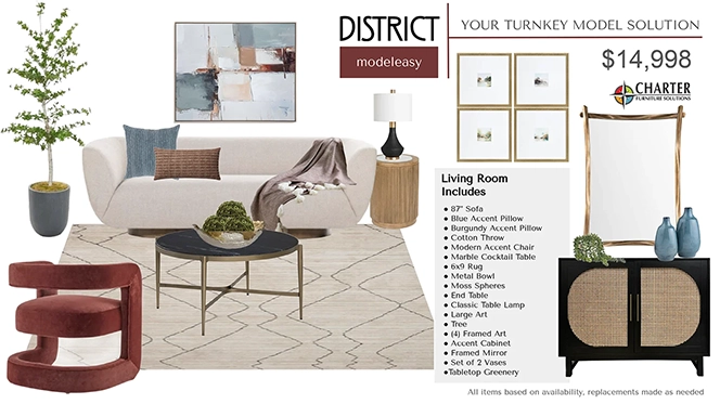District Modeleasy Package showing a modern living room with white sofa, abstract art and burgundy chair