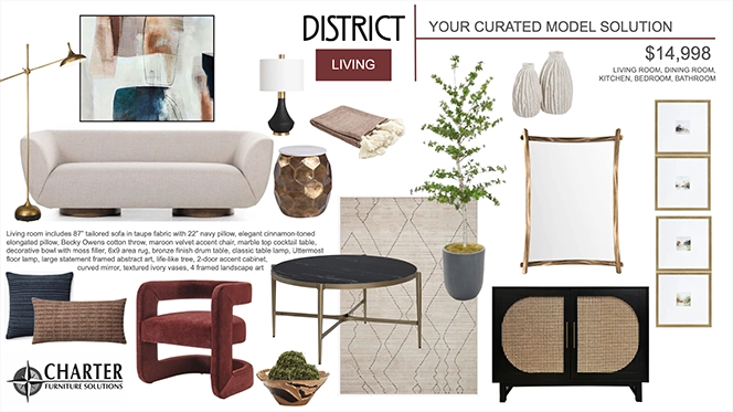 District Modeleasy Package showing a modern living room with white sofa, abstract art and burgundy chair