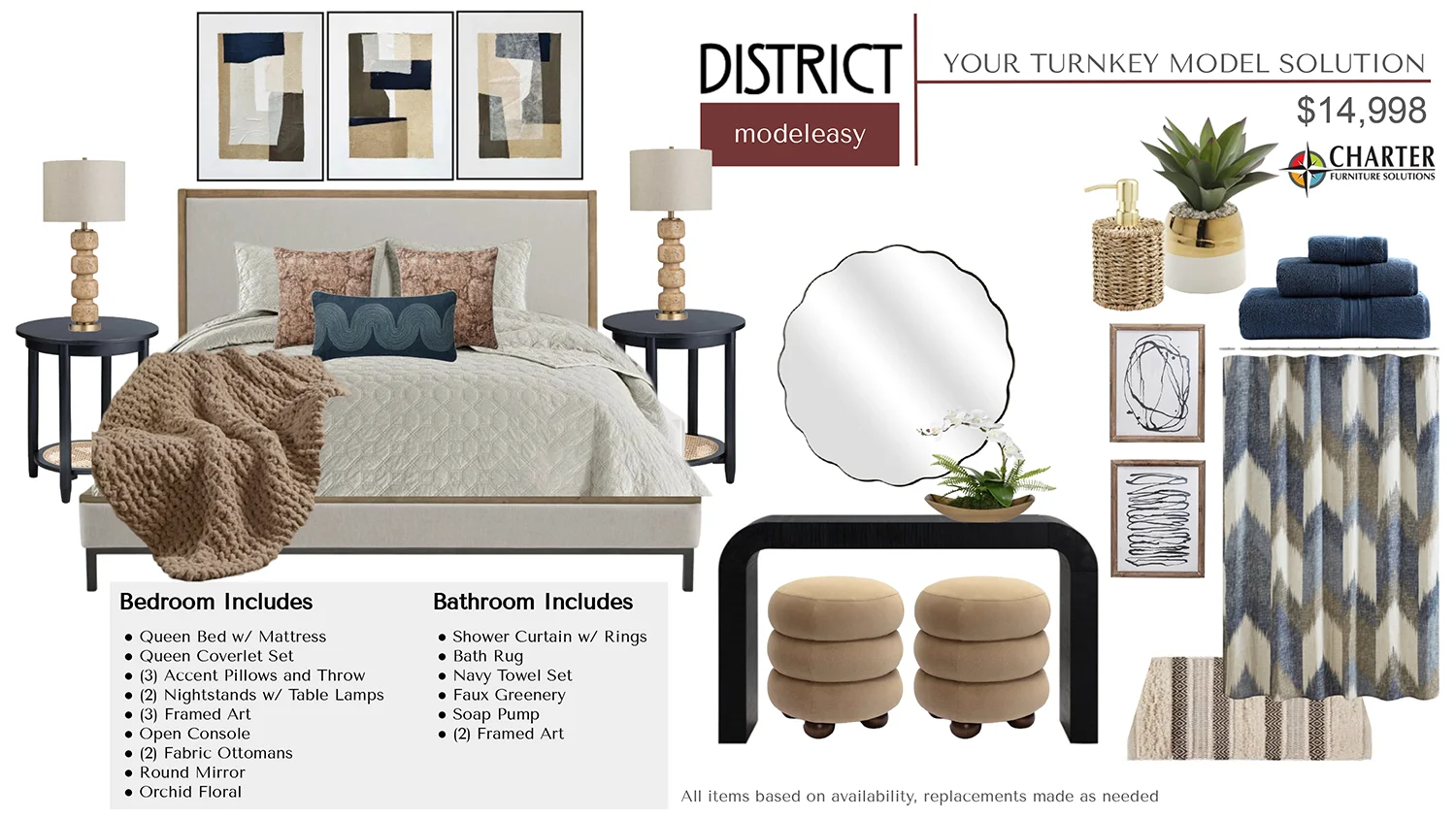 District bedroom and bath card showing a bed, a table, a mirror, nightstands, pillows, art and accessories.
