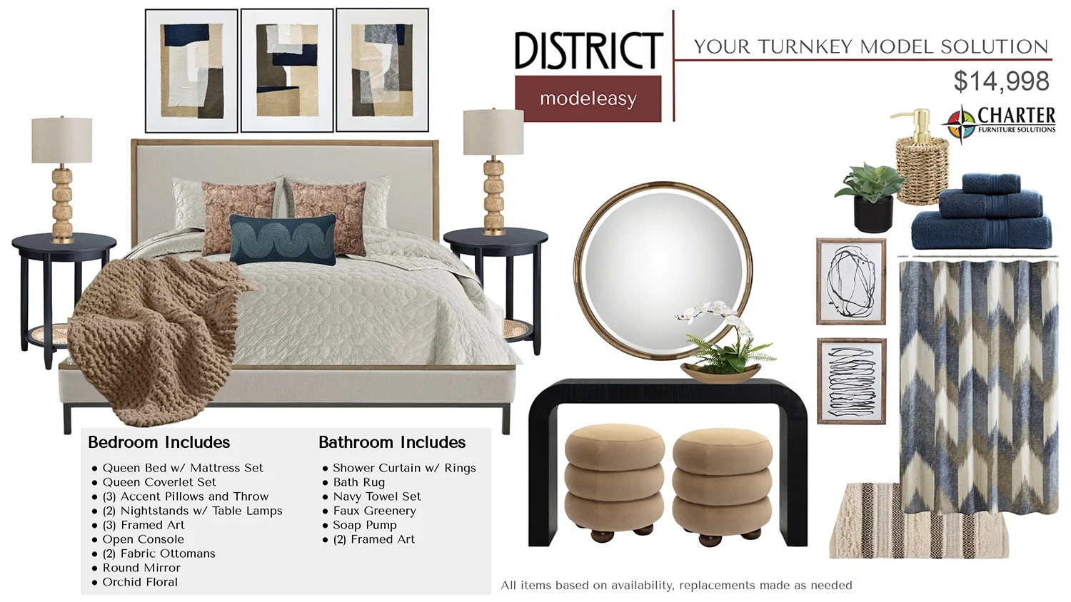District bedroom and bath card showing a bed, a table, a mirror, nightstands, pillows, art and accessories.