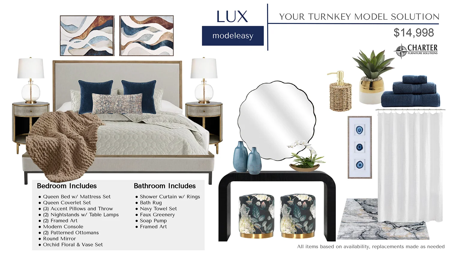 Lux bedroom and bath card showing a bed, a table, a mirror, nightstands, pillows, art and accessories.