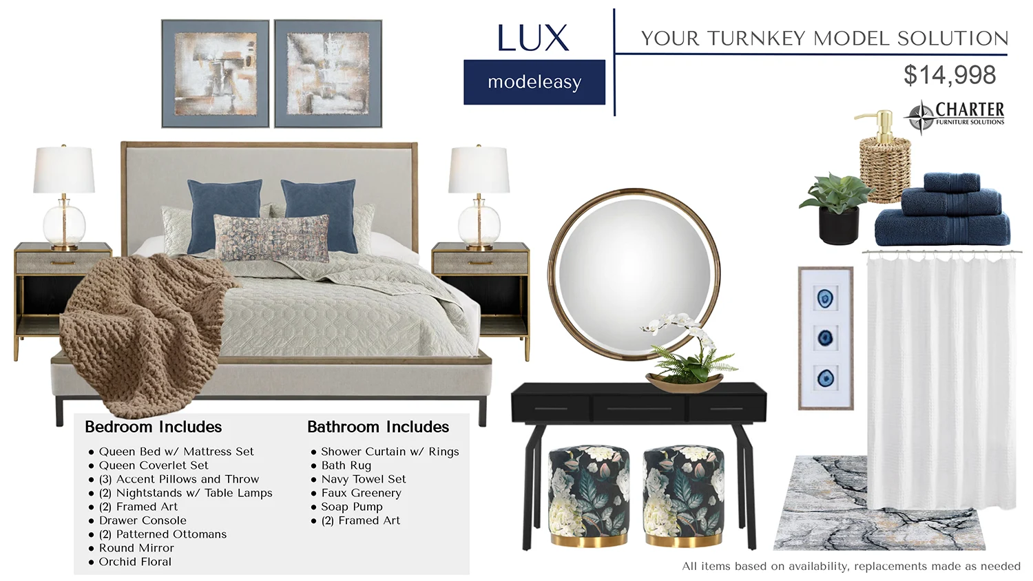 Lux bedroom and bath card showing a bed, a table, a mirror, nightstands, pillows, art and accessories.