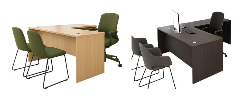 L-shaped desks in light and dark colored finishes.