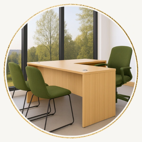 Modern office with light-colored l-shaped desk and green office chairs