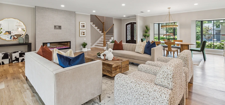 Staged living room and kitchen