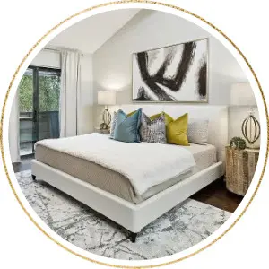 Staged bed with accent pillows