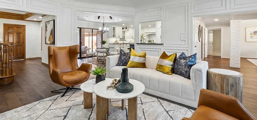 Staged living room and kitchen
